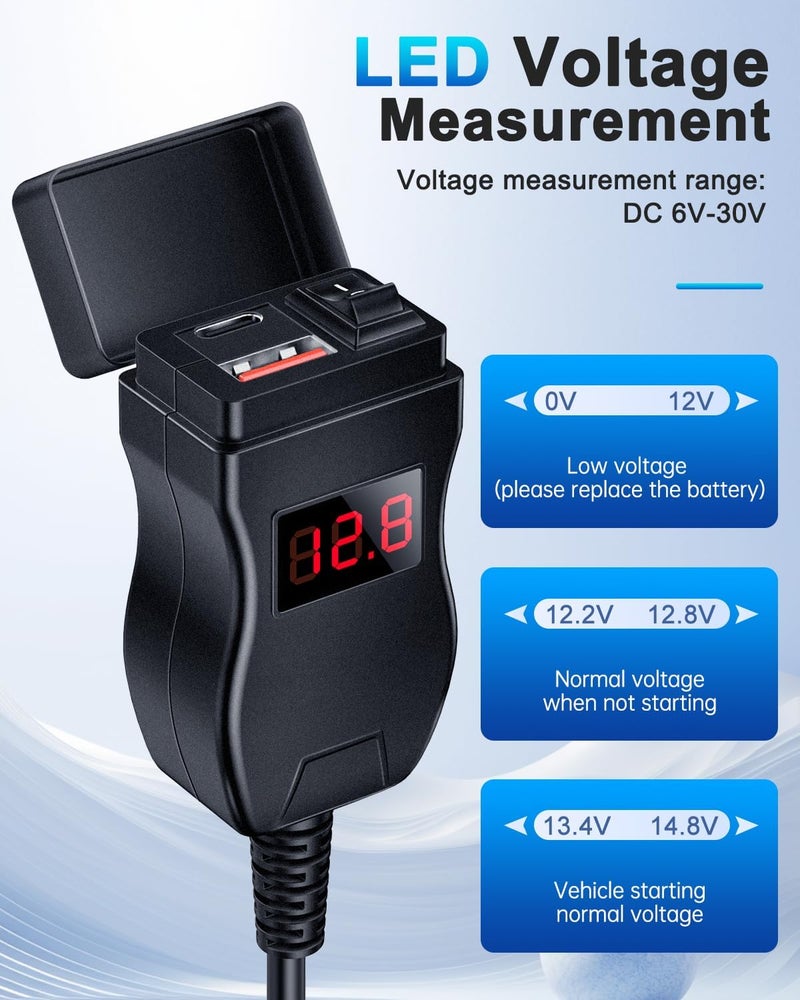 EXTRACTME Motorcycle USB Charger, Dual USB Type C PD & Quick Charge 3.0 Motorcycle Phone Charger with Voltmeter & ON/Off Switch, Waterproof Motorcycle Accessories for All Phone, Tablet, GPS - Image 3